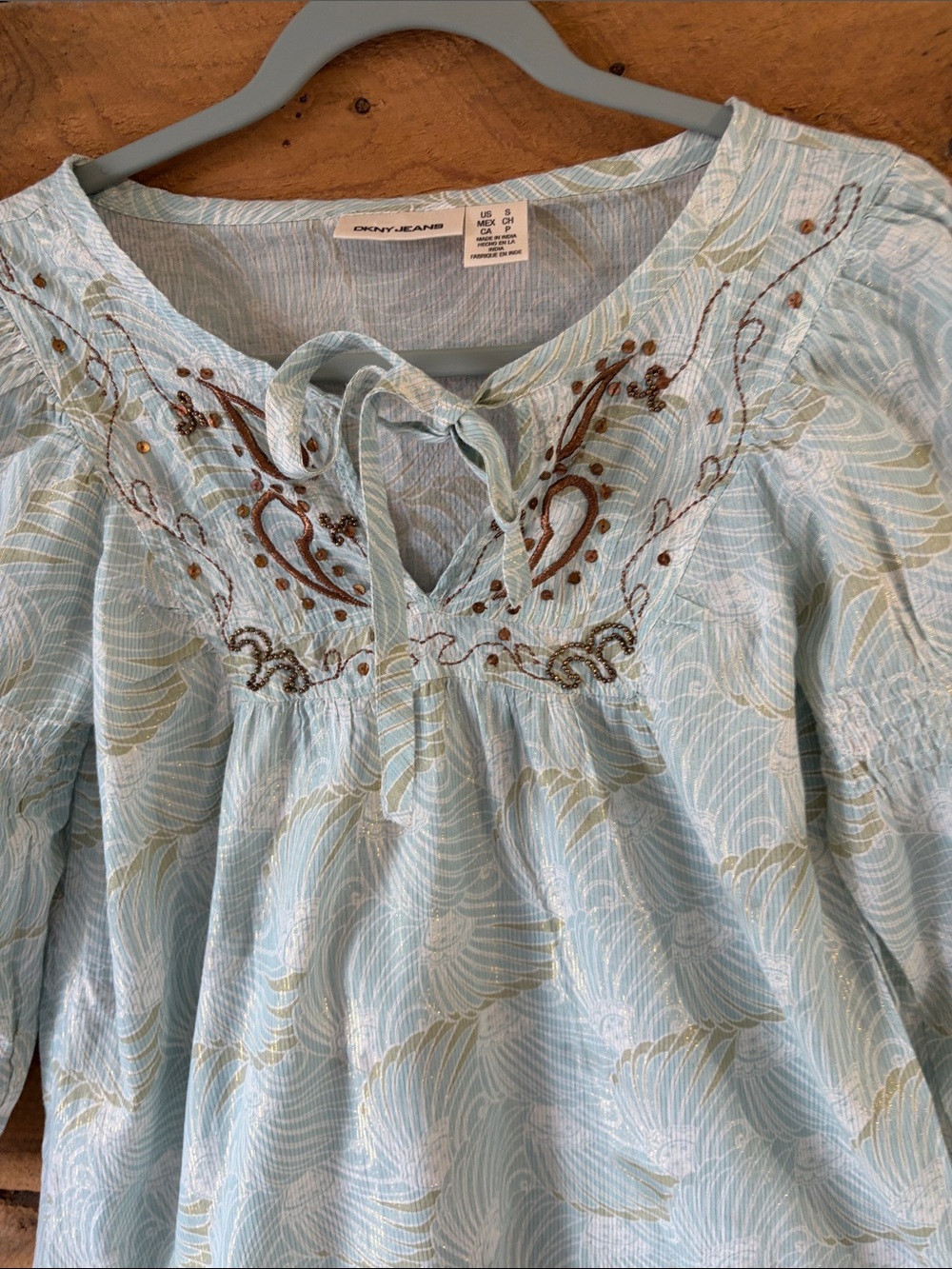 DKNY Light Blue Embroidered Tie-Neck Peasant Top - Picture 9 of 10